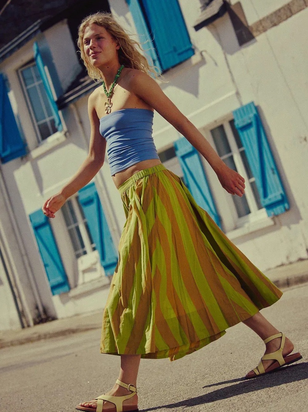Free People Lowen Olive and Lime Striped Midi Skirt